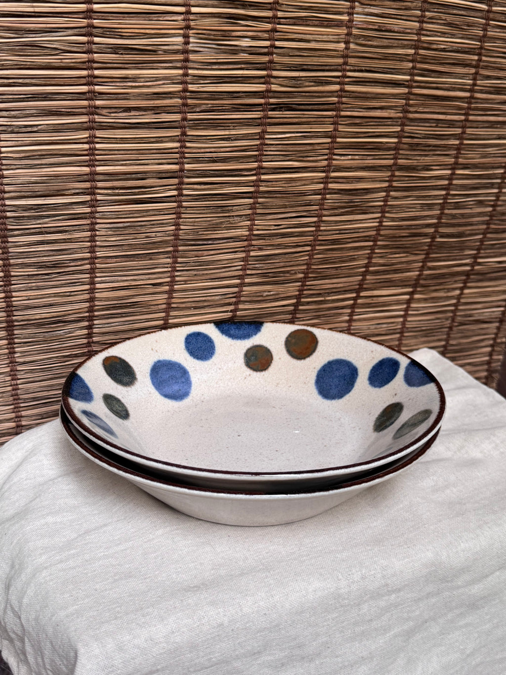 Ceram Polka Dot Bowls - Hand-Painted Blue & Olive Dots, Set of 2