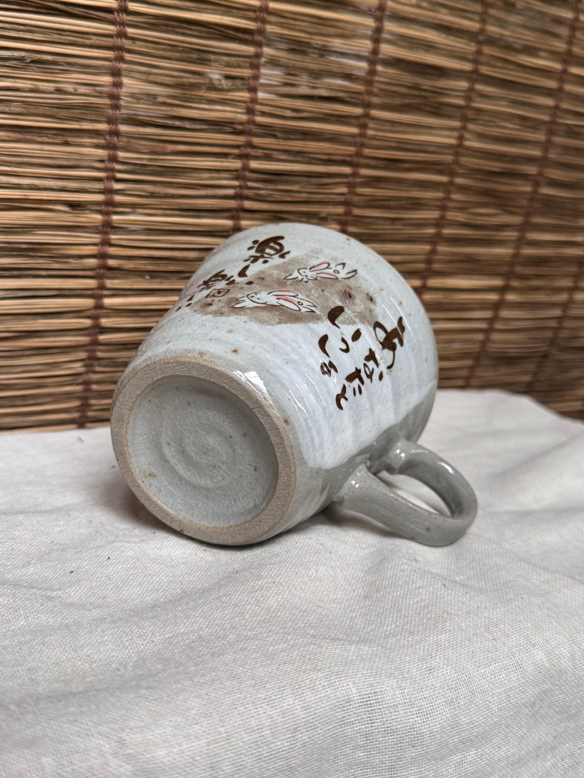 Mino-Yaki Rabbit Mug, Hand-Painted “Fun Together” Message, Crackle Glaze