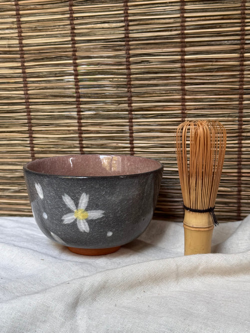 Celadon Matcha Bowl (Chawan) — Sakura Blossoms, Grey Crackle Glaze, Pink Interior