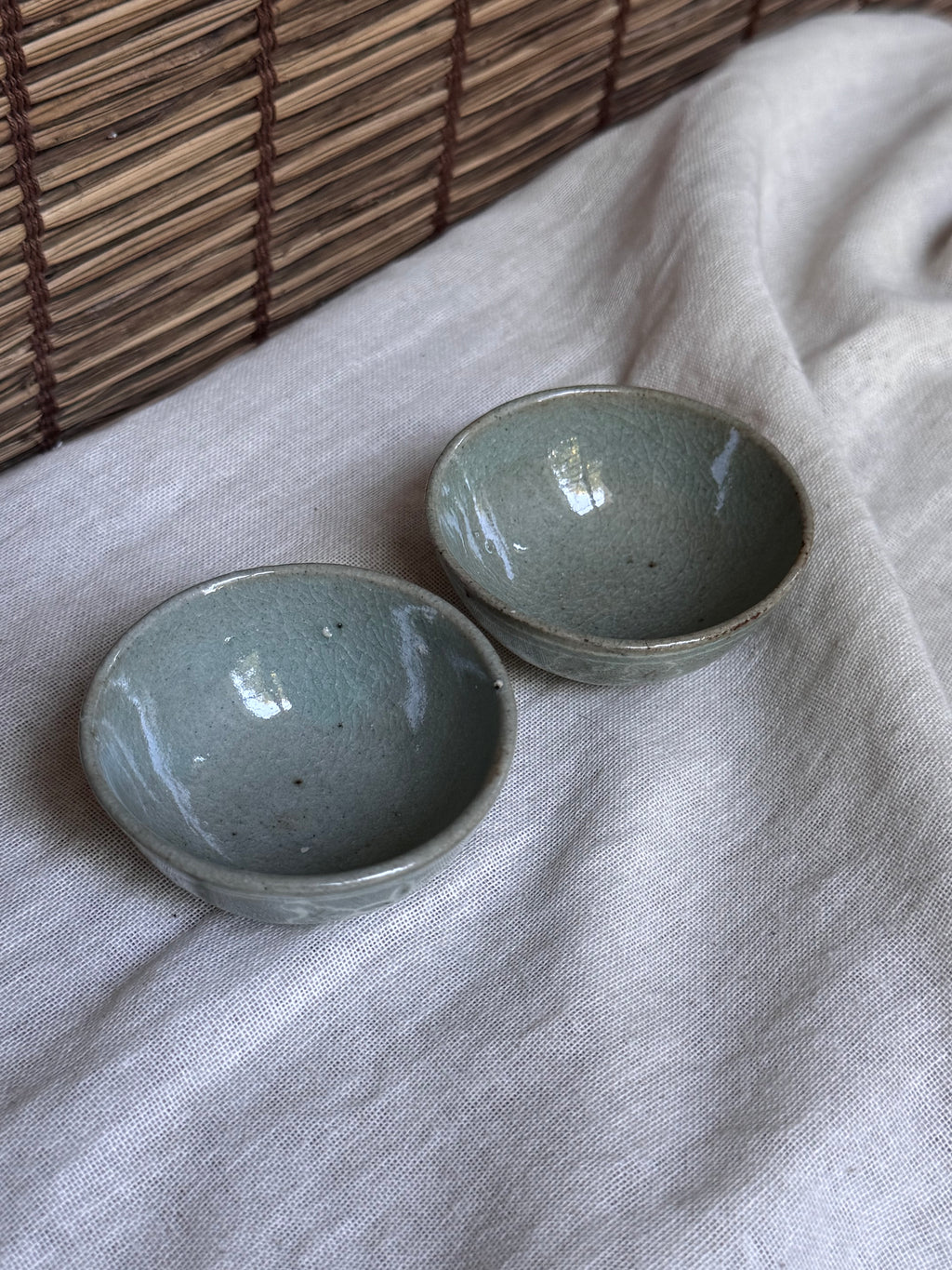Celadon Sake Cups, Pair — Carved Scrollwork, Crackle Glaze