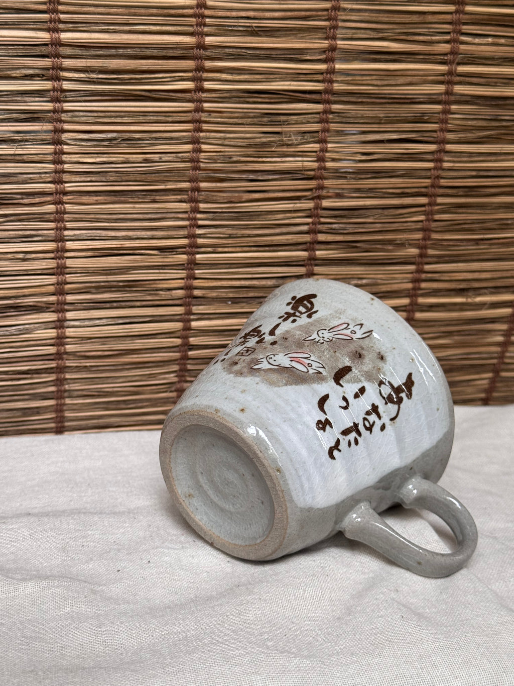 Mino-Yaki Rabbit Mug, Hand-Painted “Fun Together” Message, Crackle Glaze