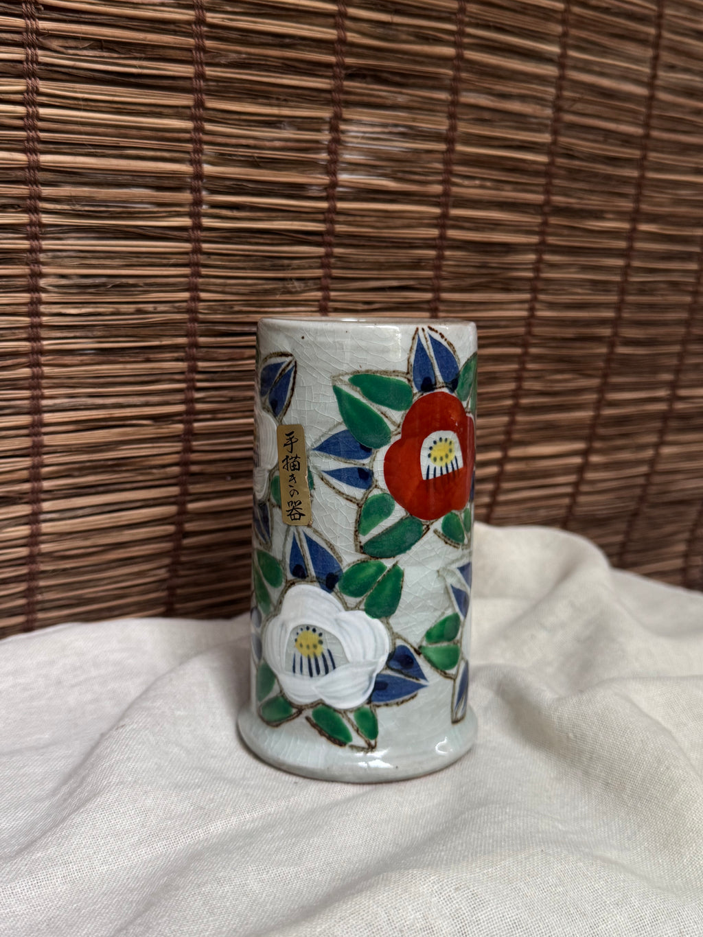 Mino Ware Crackle Glaze Camellia Vase, Hand-Painted Kannyu Ceramic Cylinder