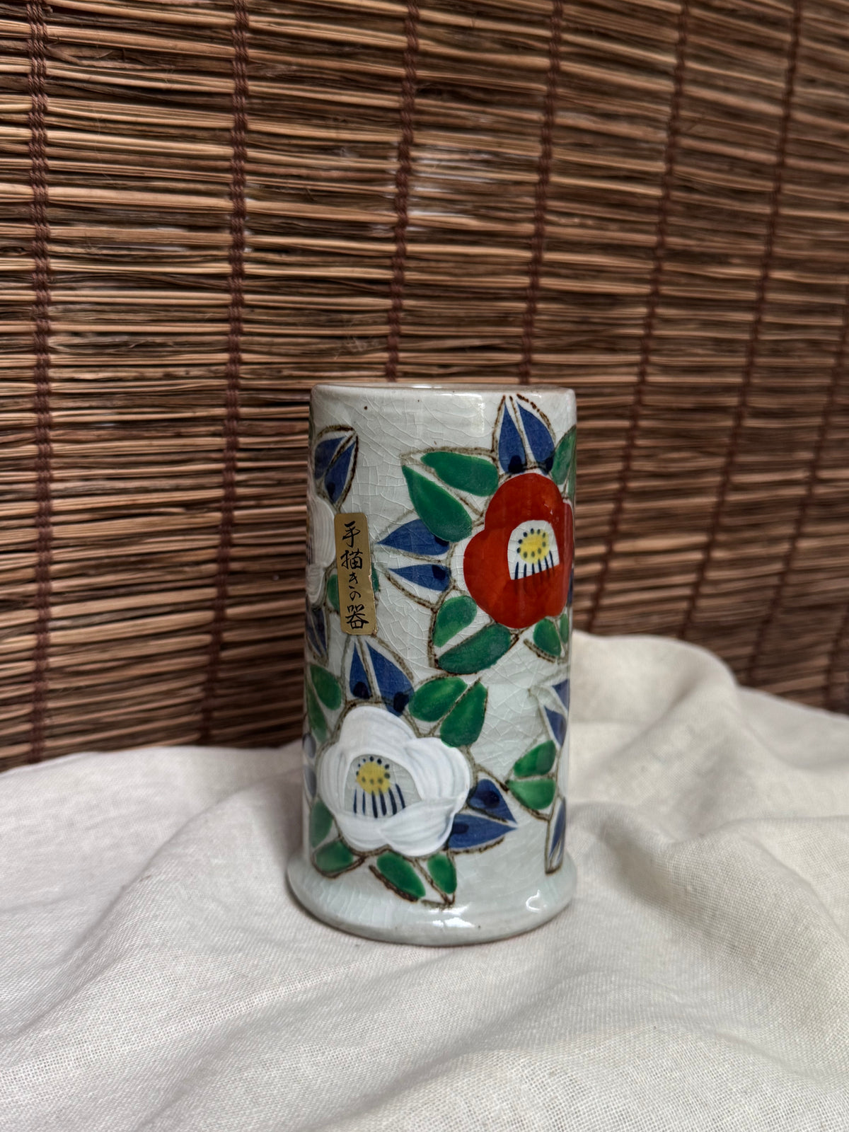 Mino Ware Crackle Glaze Camellia Vase, Hand-Painted Kannyu Ceramic Cylinder