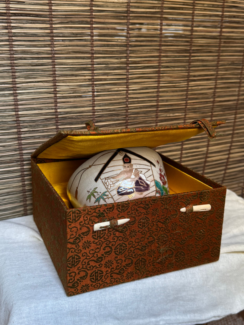 Kyoto Ware Zodiac Tea Bowl (Eto Chawan), Year of the Monkey — Monkey on an Ema with Pine, Bamboo and Plum