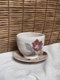Kutani-Style Hand-Painted Camellia Teacup and Saucer Set, Crackle Glaze