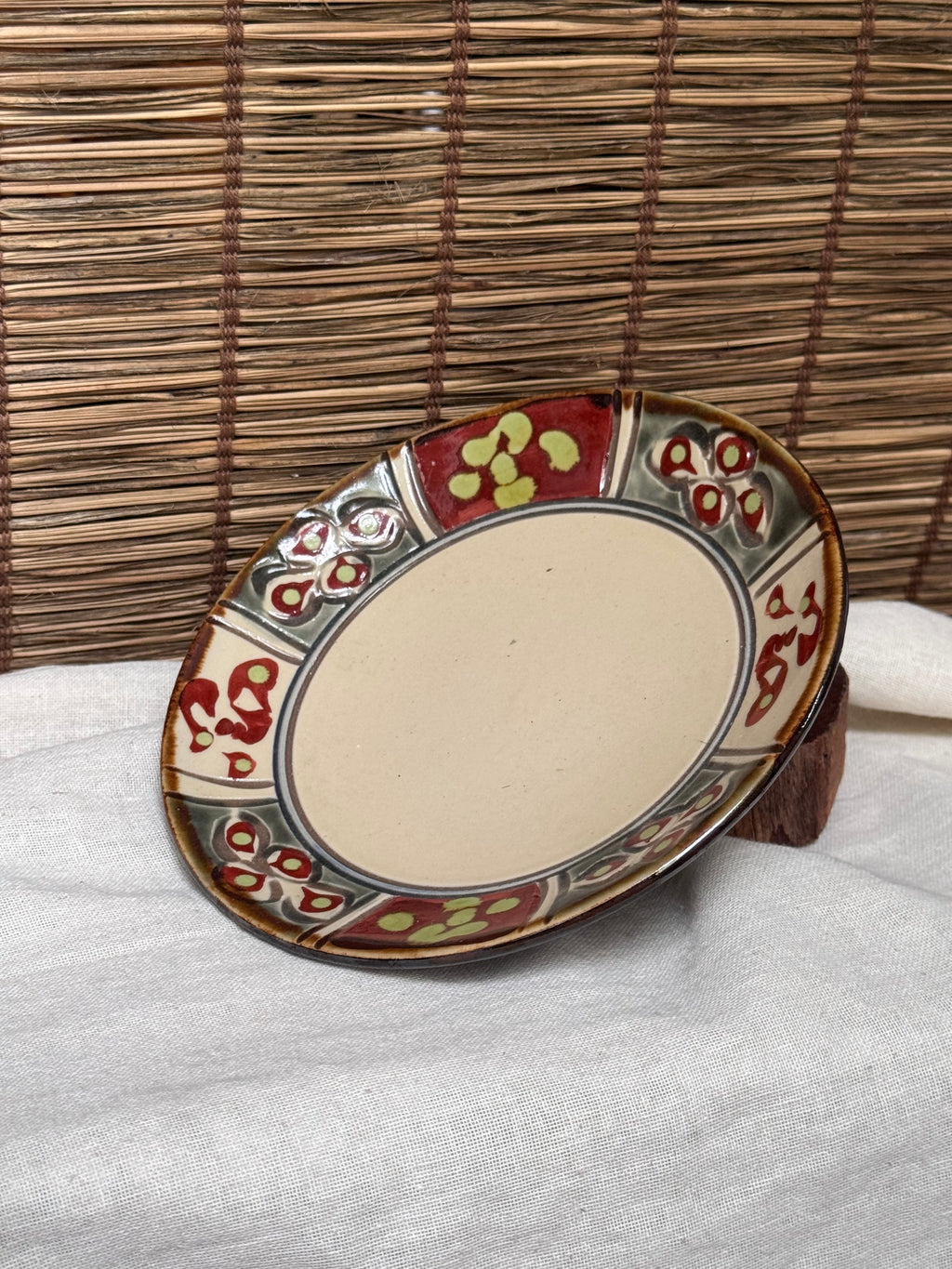 Yachimun Okinawan Pottery Plate — Hand-Painted Paneled Floral Design