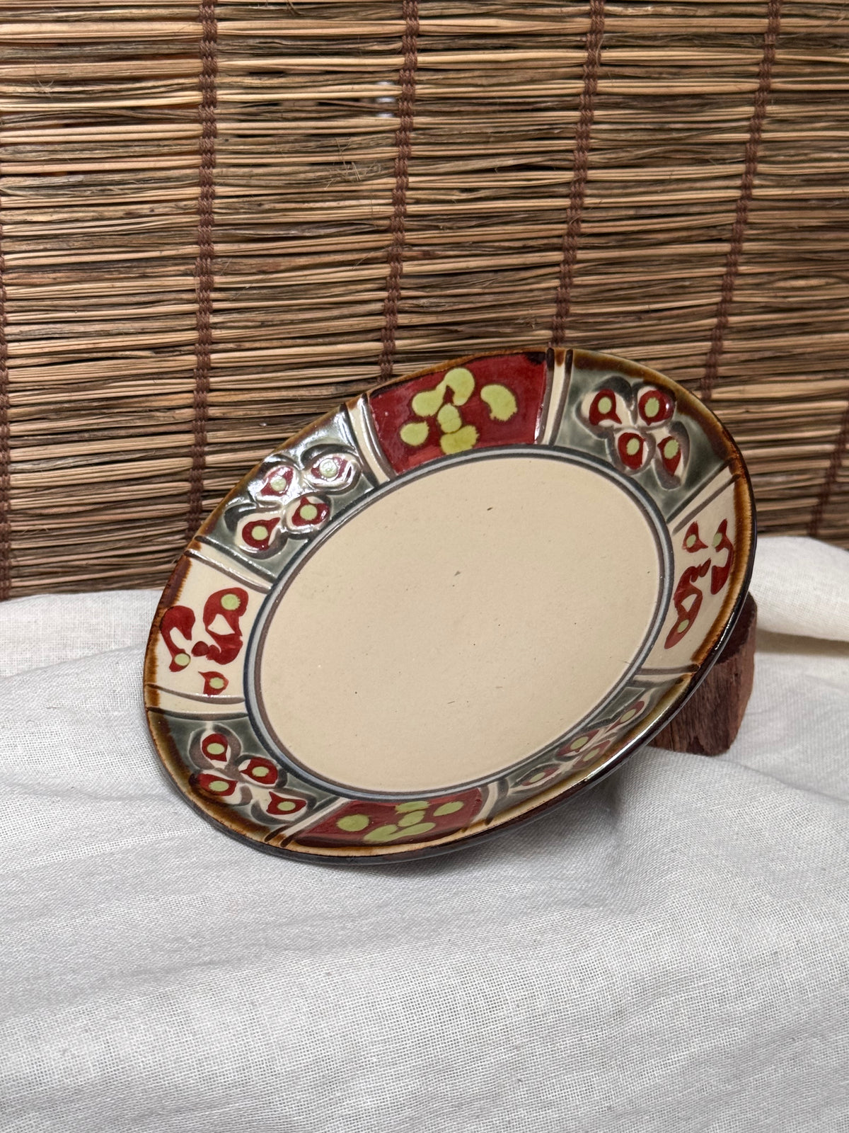 Yachimun Okinawan Pottery Plate — Hand-Painted Paneled Floral Design