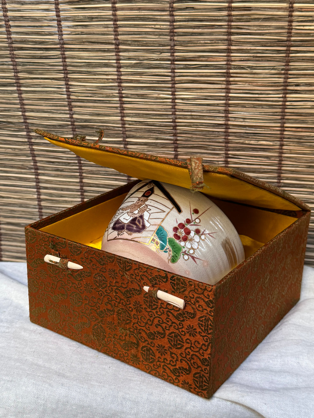 Kyoto Ware Zodiac Tea Bowl (Eto Chawan), Year of the Monkey — Monkey on an Ema with Pine, Bamboo and Plum
