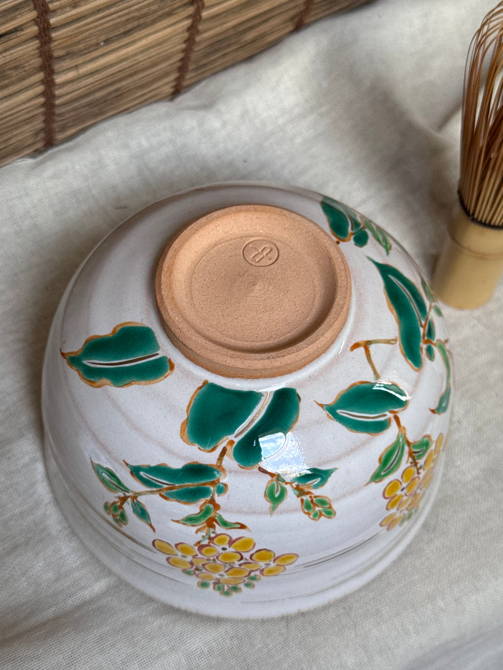 Kiyomizu Kyo-yaki Matcha Chawan by Ryoji — Hand-Painted Rapeseed Flower Design, Original Box