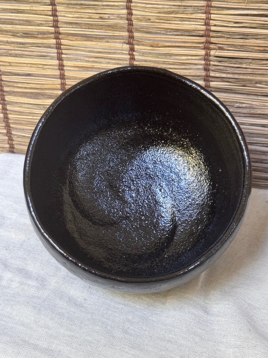 Kuro Raku Tea Bowl (Black Raku Chawan) — Hand-Formed with Spatula-Carved Facets, Wooden Box