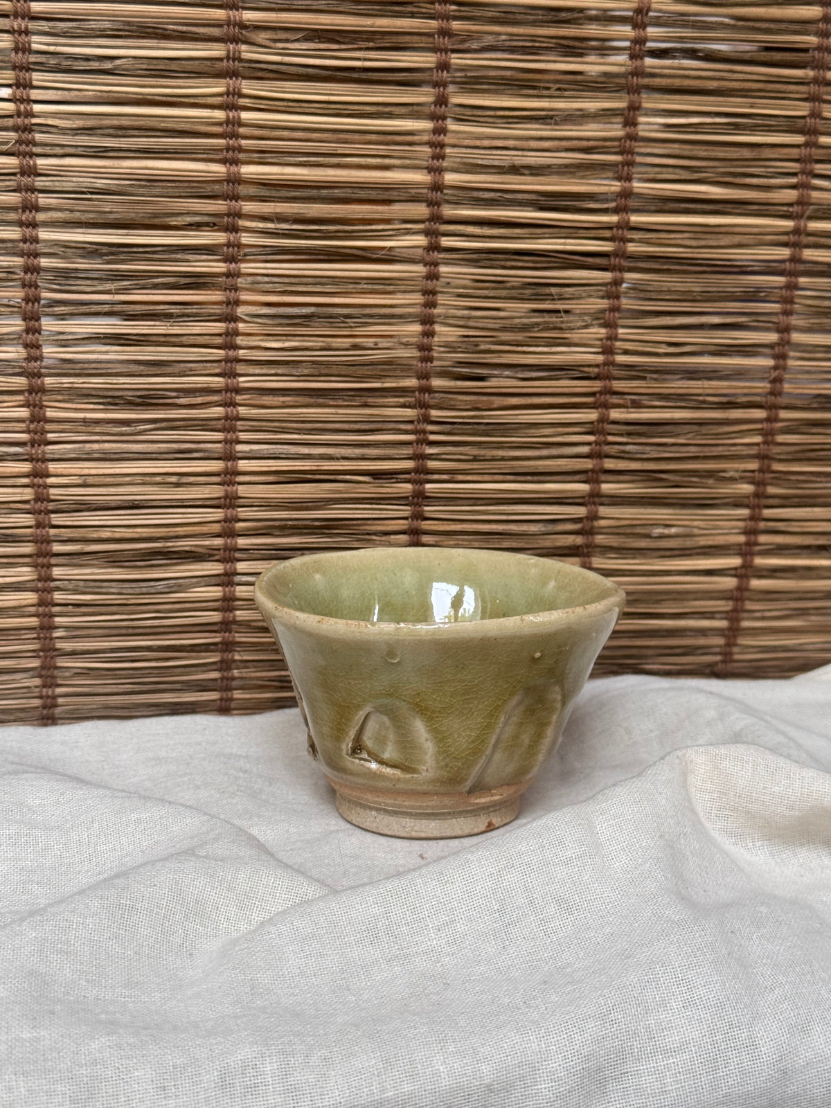 Celadon Cup — Carved Crane, Crackle Glaze, Sealed Base