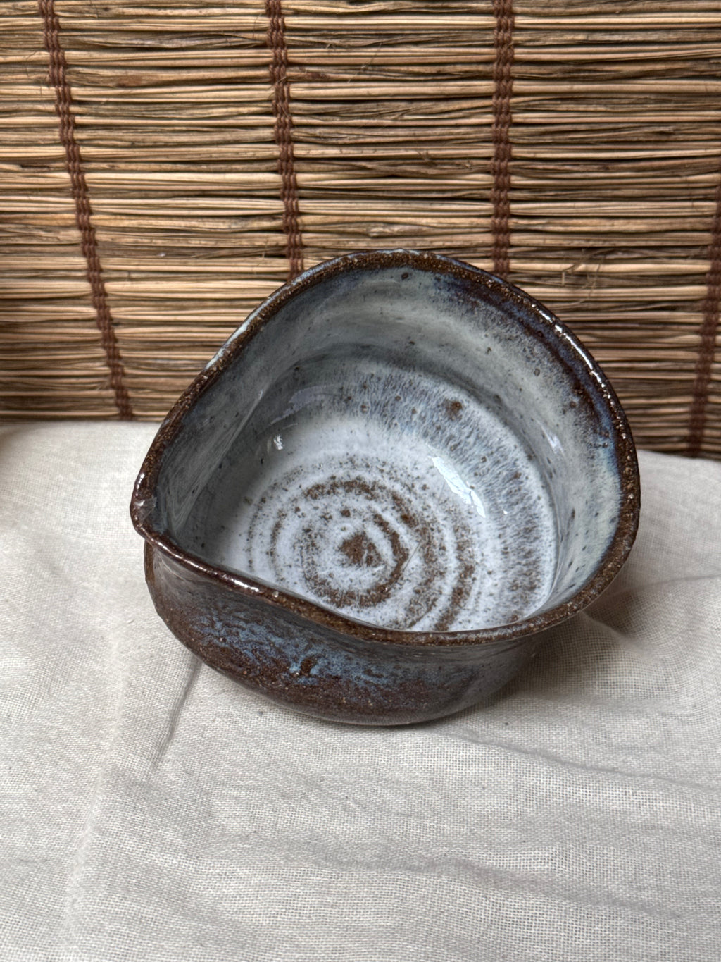 Matcha Chawan (Small)— Blue-White Opalescent Glaze, Iron Clay, Pinched Triangular Rim
