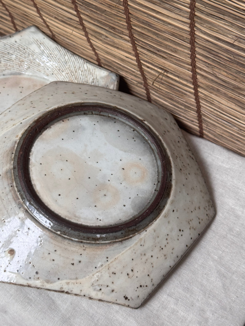 Hexagonal Studio Clip Sunburst Dishes, Pair — Combed Radiating Lines, Spiral Center, Speckled White Glaze