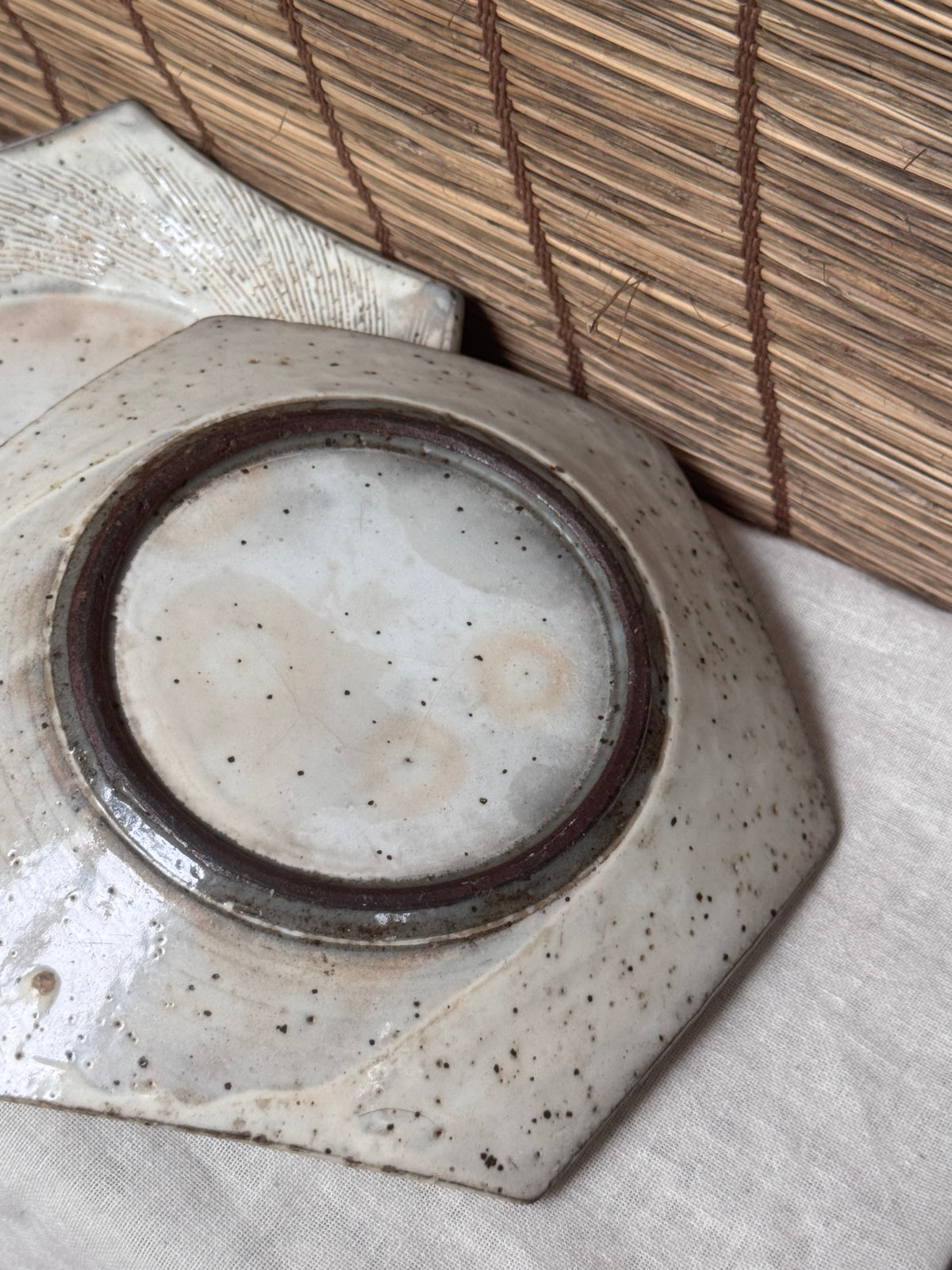 Hexagonal Studio Clip Sunburst Dishes, Pair — Combed Radiating Lines, Spiral Center, Speckled White Glaze