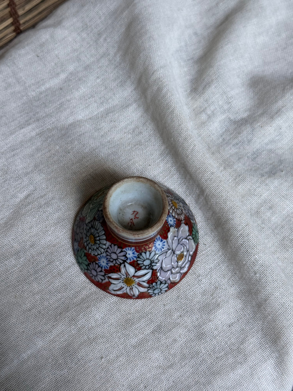 Antique Japanese Kutani Ware Footed Sake Cup — Kiku (Chrysanthemum) Thousand-Flower Design, Signed Base