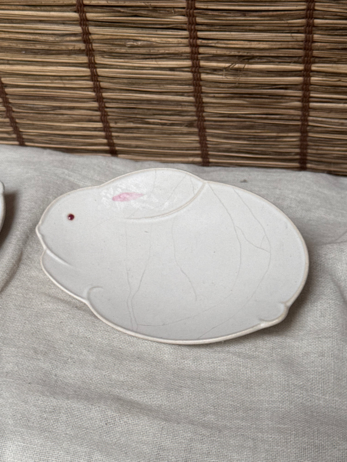 Tachikichi Rabbit-Shaped Plates, Single — White Crackle Glaze, Pink Ears