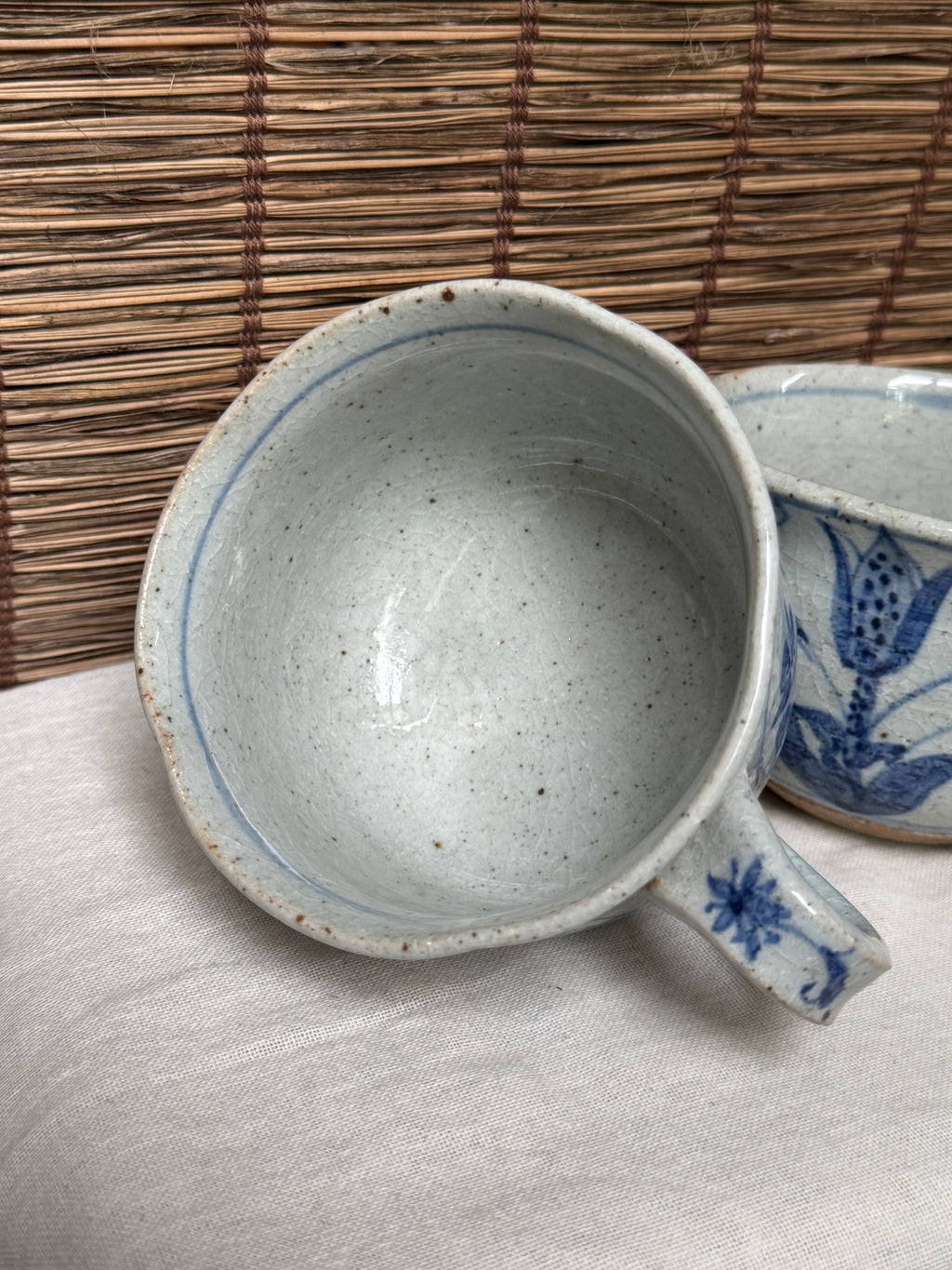 Japanese Blue and White Sometsuke Teacup Mugs, Hand-Painted Floral Design, Set of Two