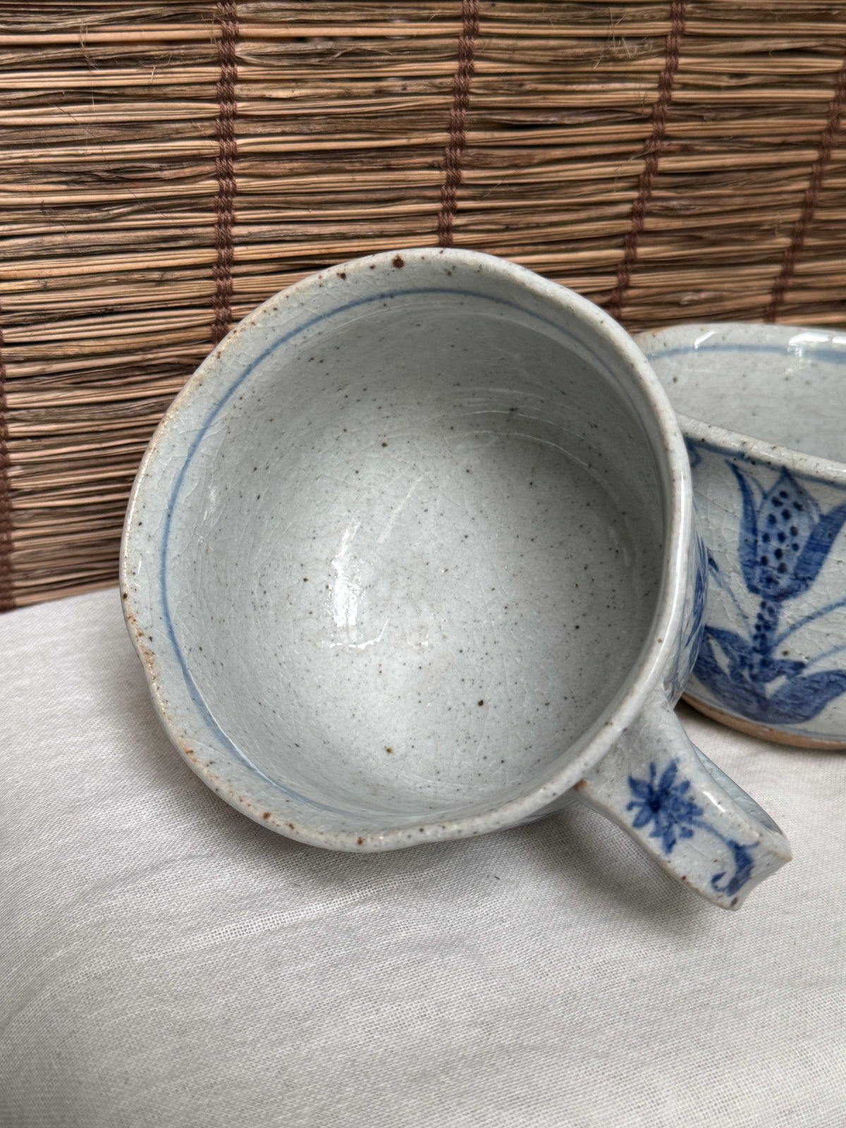 Japanese Blue and White Sometsuke Teacup Mugs, Hand-Painted Floral Design, Set of Two