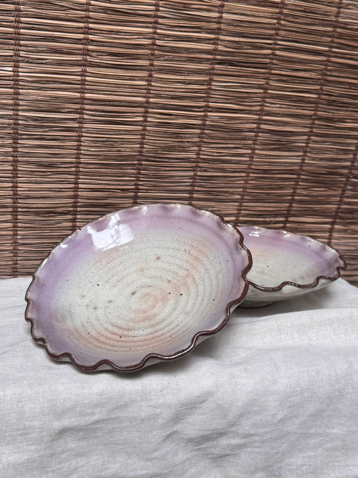 Lavender-Rimmed Scalloped Dishes, Pair — Spiral Throwing Rings, Iron-Brown Wave Edge