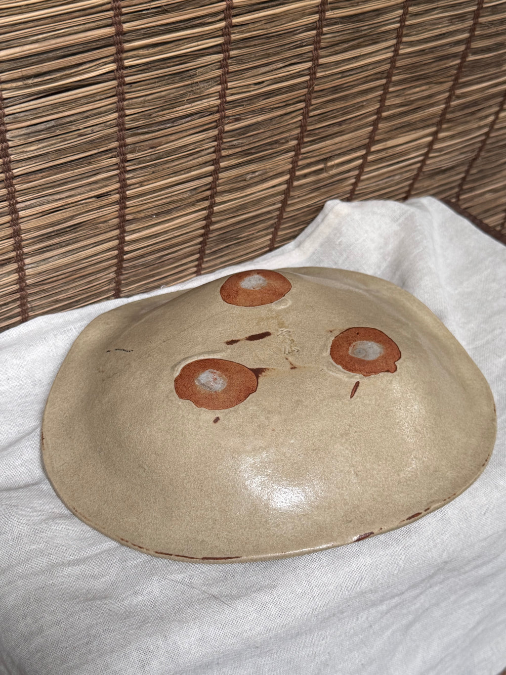Unzen Artist-Made Serving Plate/Bowl — Large Irregular Studio Pottery, Painted Leaf Motif