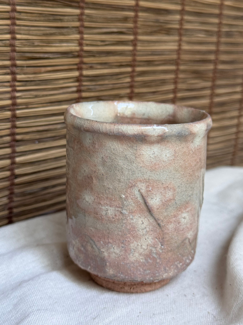 Hagi-yaki Blush Pink Ash Glaze Cup, Faceted Body, Unglazed Rim