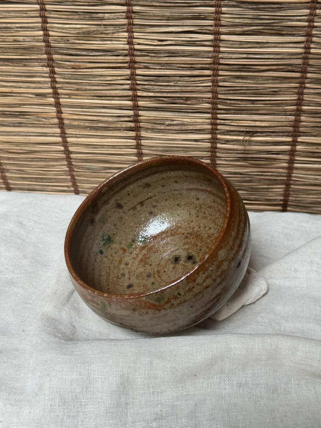 Matcha Chawan — Ash Glaze with Iron Flashing, Rounded Form