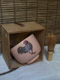 Hagi Ware Zodiac Tea Bowl (Eto Chawan), Year of the Rooster — Hand-Painted Rooster with Gold Accents, Wooden Box