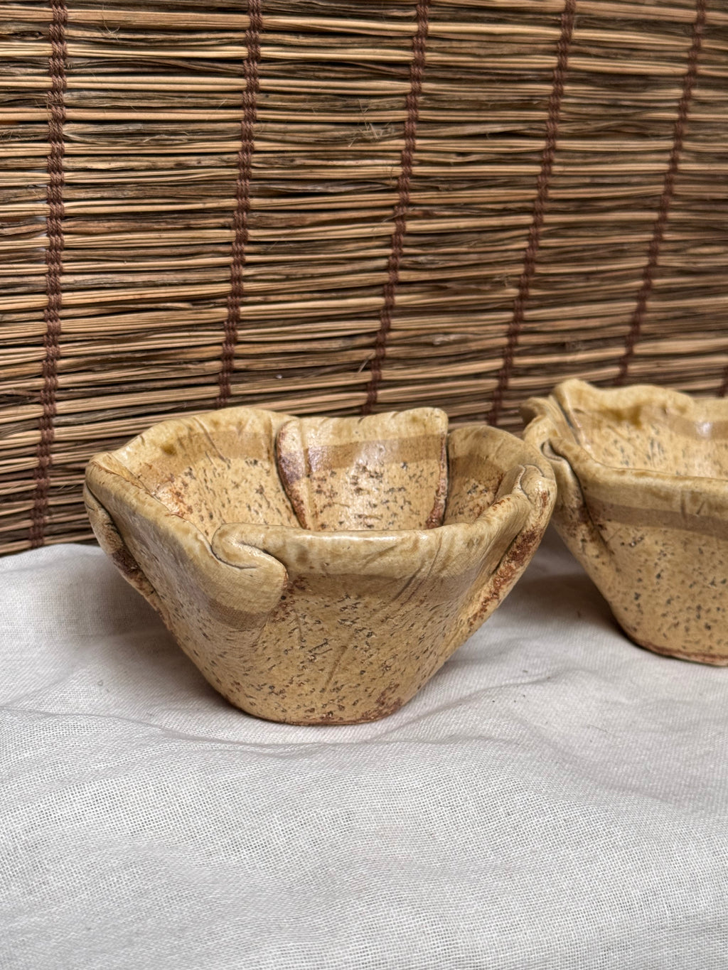 Hand-Built Leaf Bowls - Stamped Artisan Mark, Speckled Glaze, Set of 2
