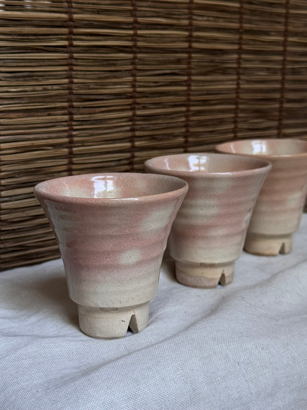 Hagi-yaki Guinomi Cups, Set of 3 — Blush Pink Glaze, Split Foot
