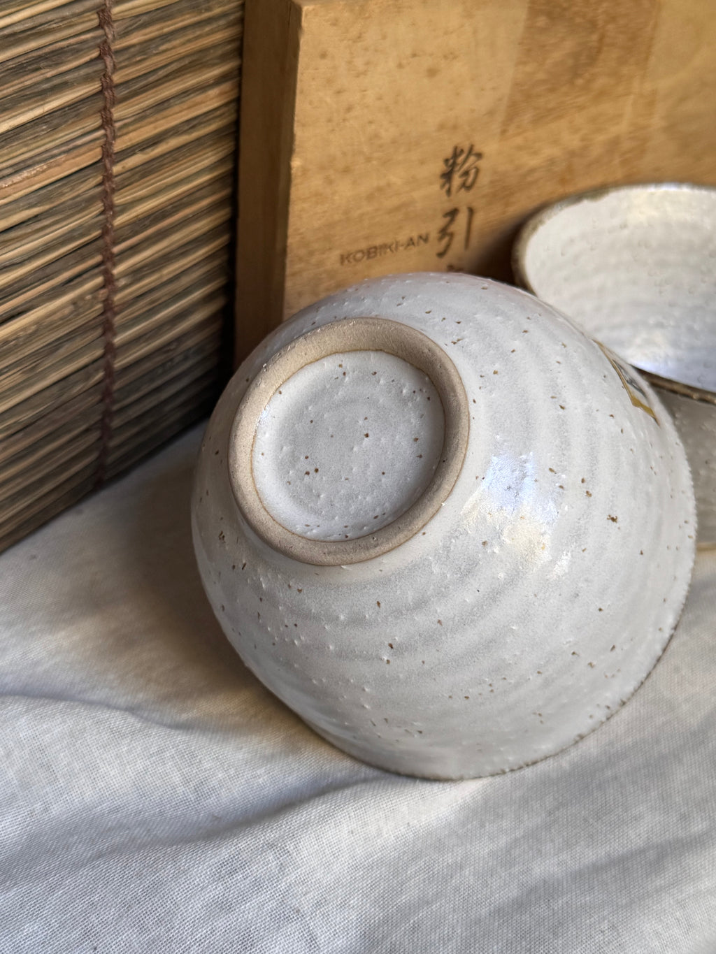 Kohiki Rice Bowls, Pair — White Slip, Iron Speckles, Kobiki-an, Wooden Box