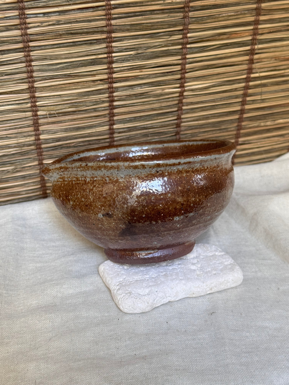 Katakuchi Matcha Bowl — Amber Glaze, Grey Drips, Iron Spots, Pouring Lip