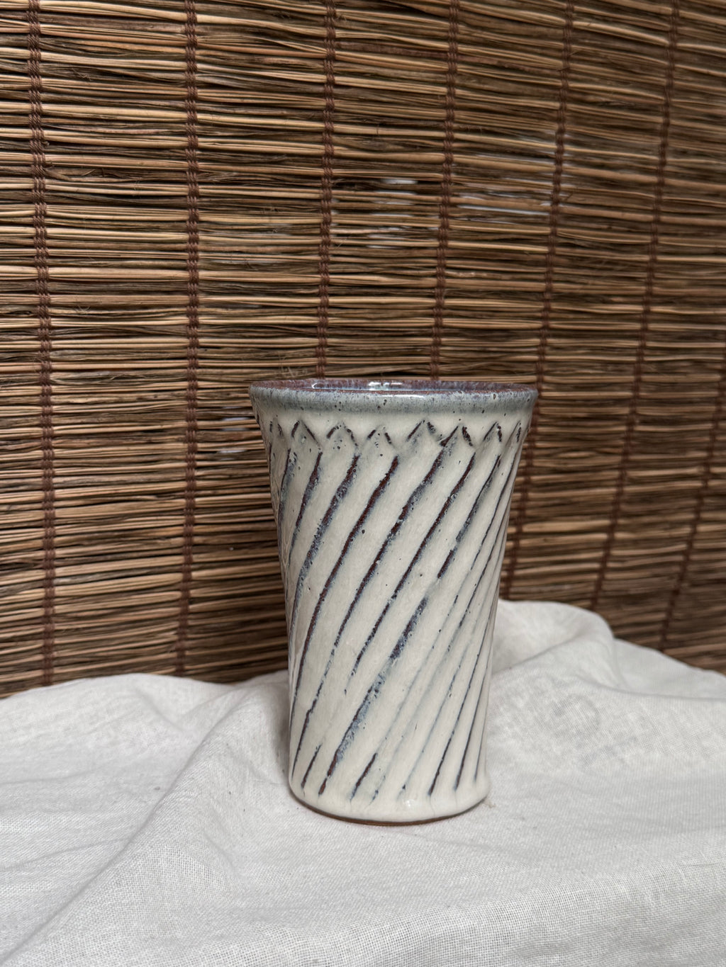 Japanese Tumbler, Carved Diagonal Line Design, Ash Glaze