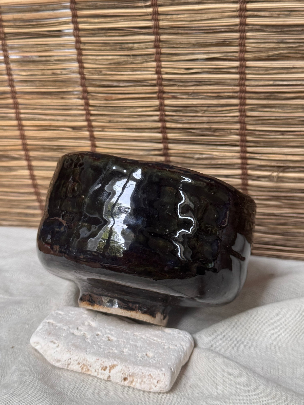 Black Glazed Matcha Chawan — Hand-Shaped Half-Cylinder Form, Glossy Iron Glaze