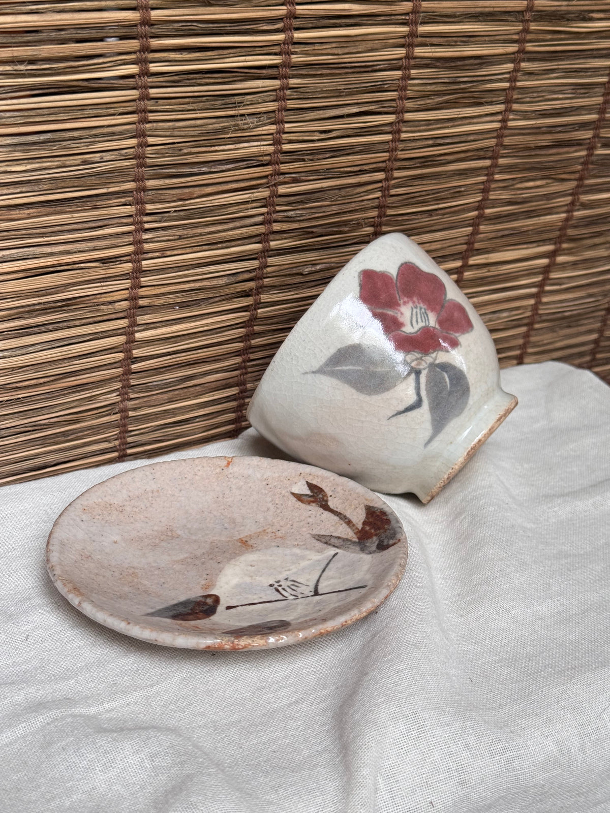 Kutani-Style Hand-Painted Camellia Teacup and Saucer Set, Crackle Glaze