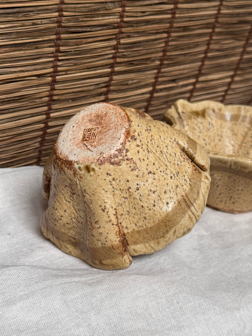 Hand-Built Leaf Bowls - Stamped Artisan Mark, Speckled Glaze, Set of 2