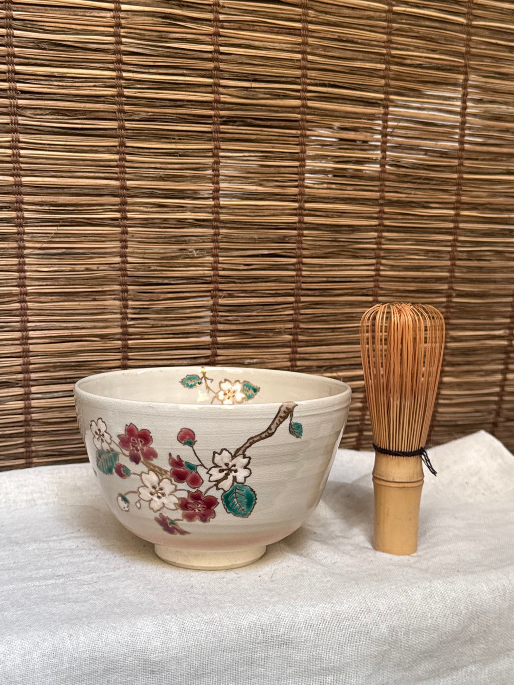 Kiyomizu Kyo-yaki Zenho Matcha Chawan — Hand-Painted Dropping Cherry Blossom, Original Box