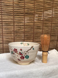 Kiyomizu Kyo-yaki Zenho Matcha Chawan — Hand-Painted Dropping Cherry Blossom, Original Box
