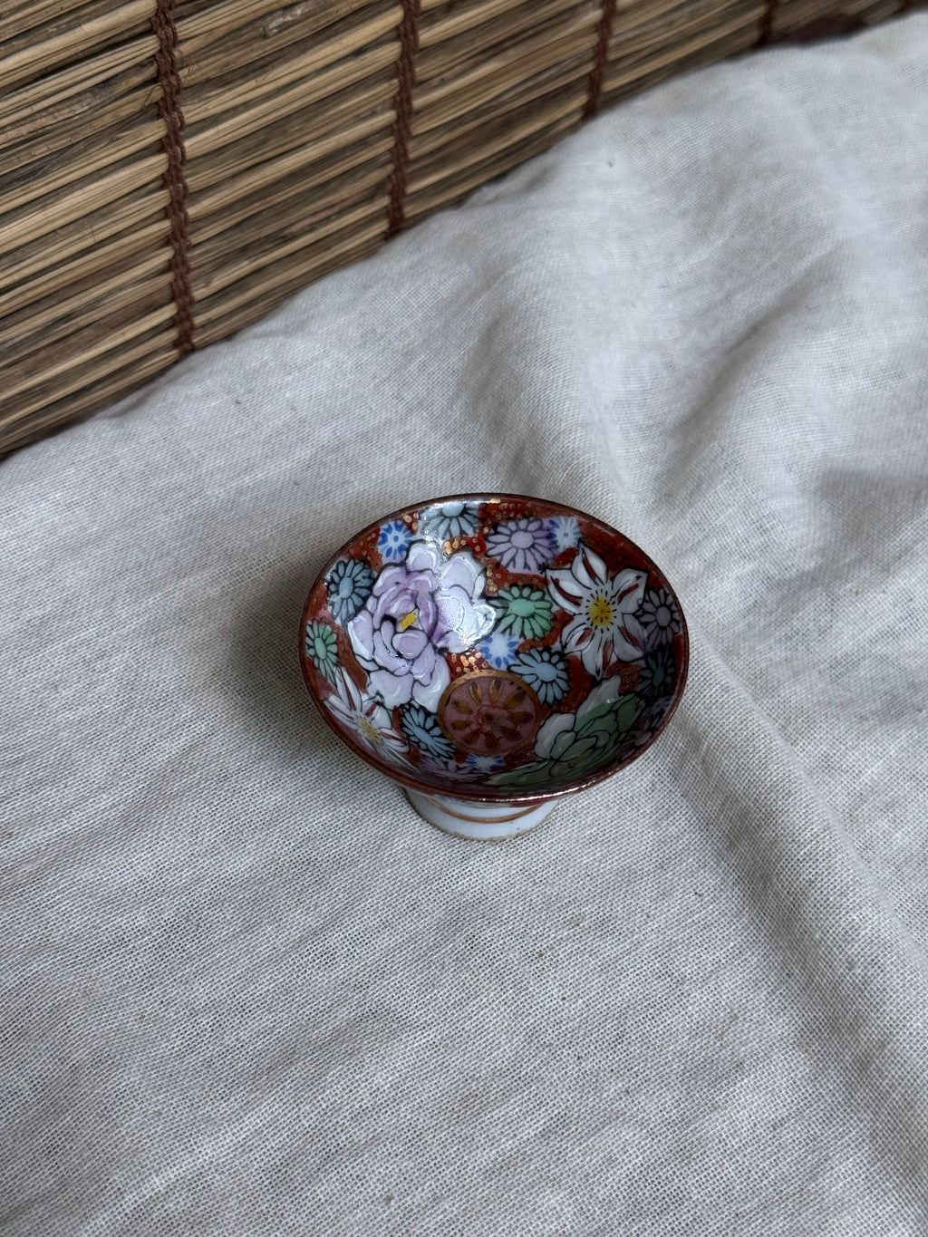 Antique Japanese Kutani Ware Footed Sake Cup — Kiku (Chrysanthemum) Thousand-Flower Design, Signed Base