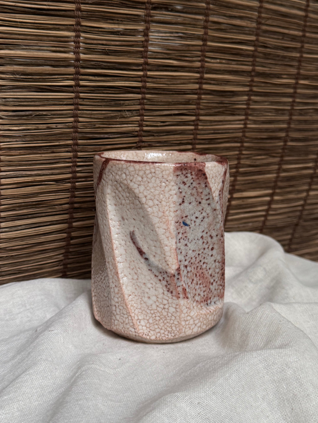 Shino-Yaki Faceted Yunomi Cup, Blush Pink Ash Glaze