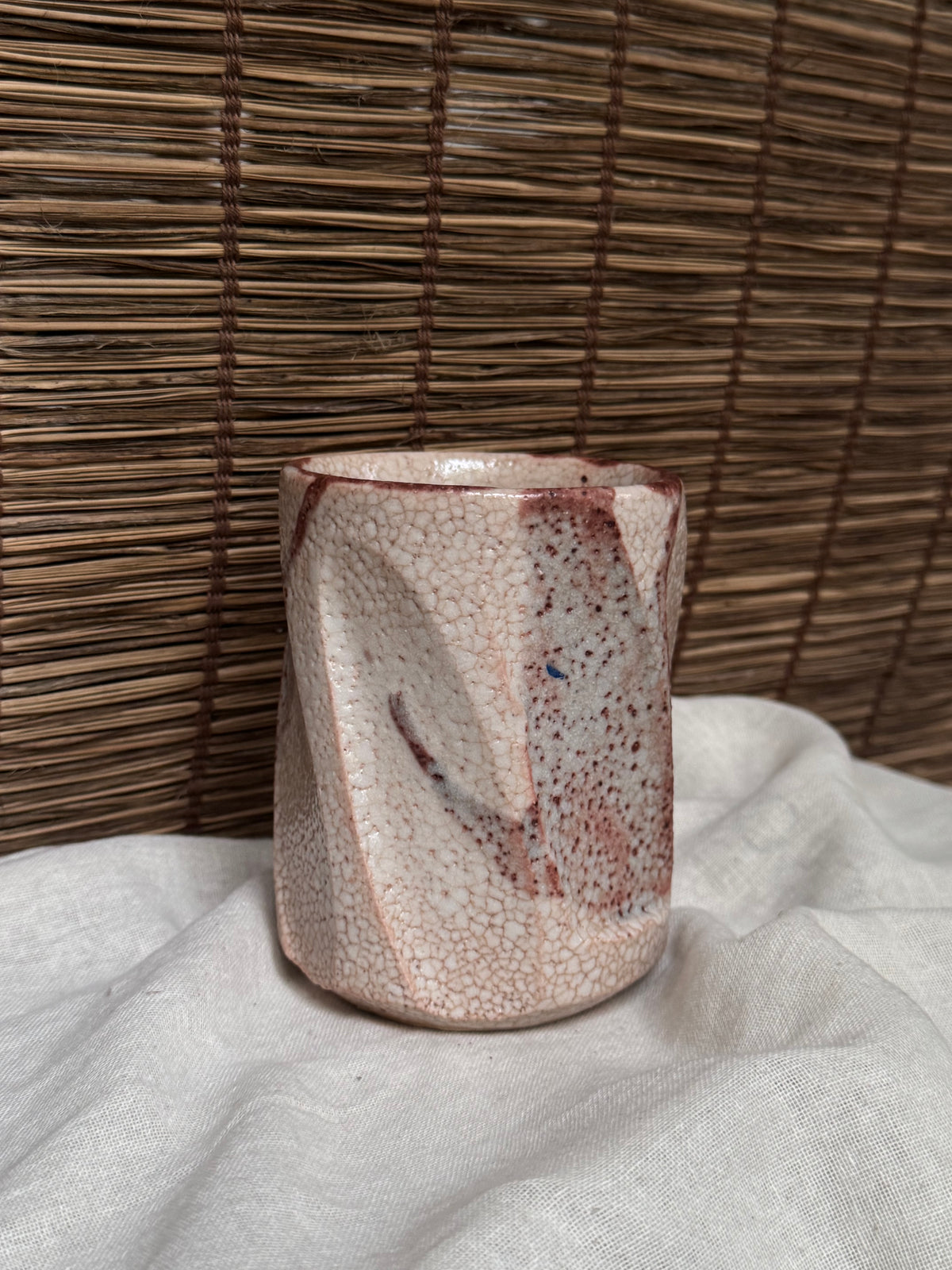 Shino-Yaki Faceted Yunomi Cup, Blush Pink Ash Glaze