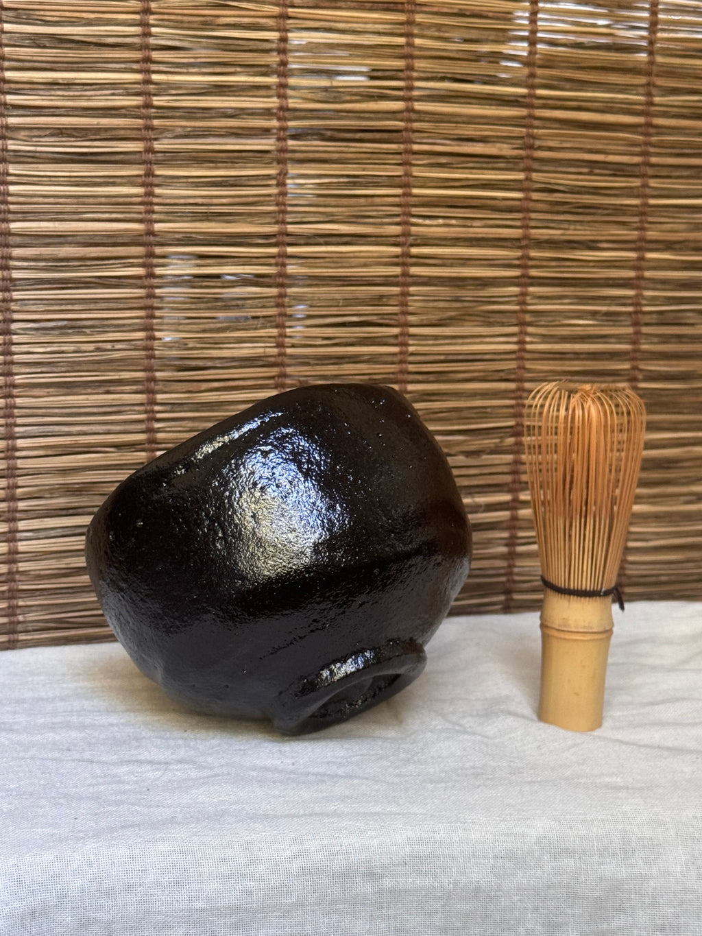 Kuro Raku Tea Bowl (Black Raku Chawan) — Hand-Formed with Spatula-Carved Facets, Wooden Box