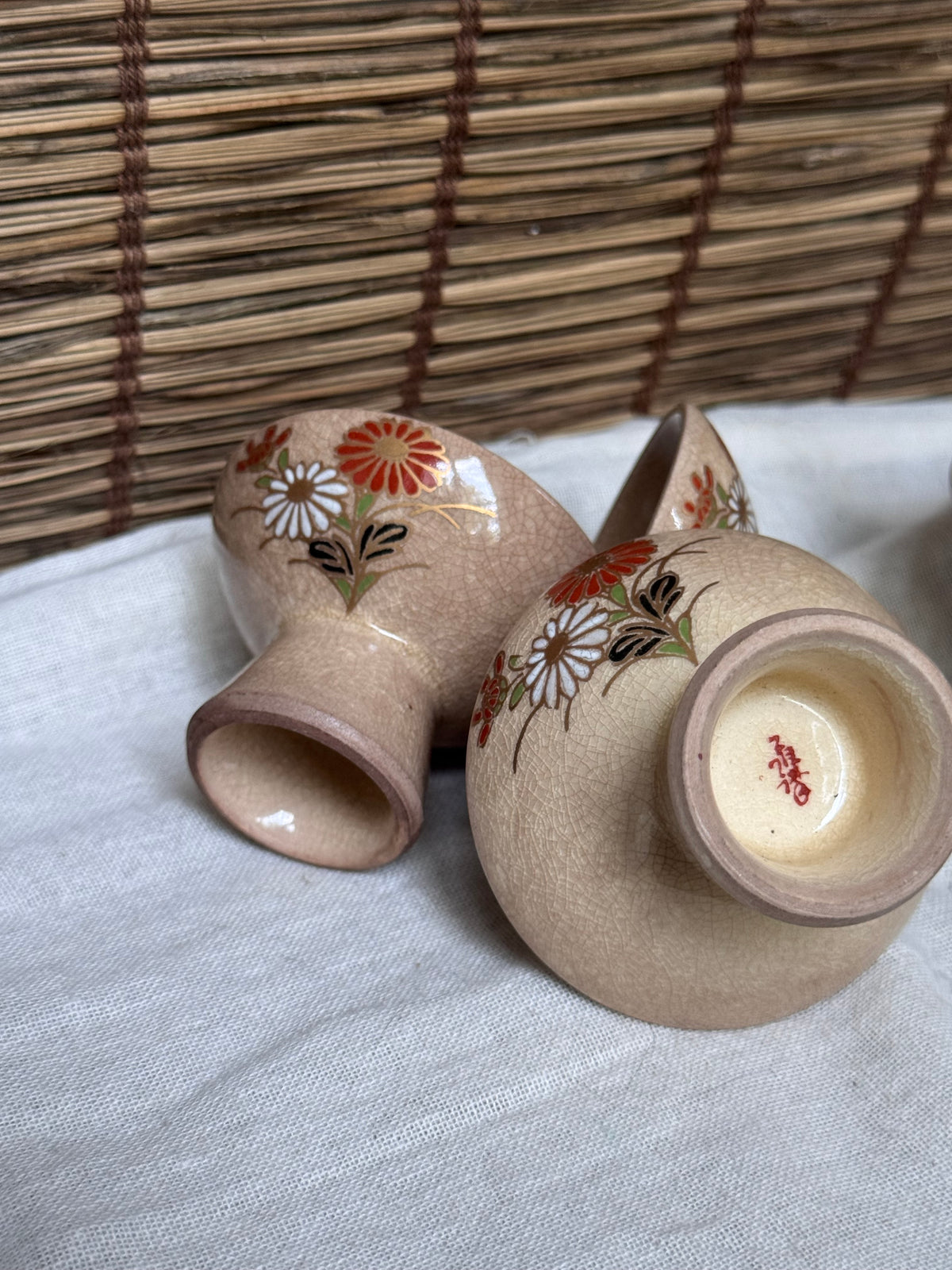 Kutani Ware Footed Sake Cups & Stands, Set of 5 — Hand-Painted Chrysanthemum, Crackle Glaze