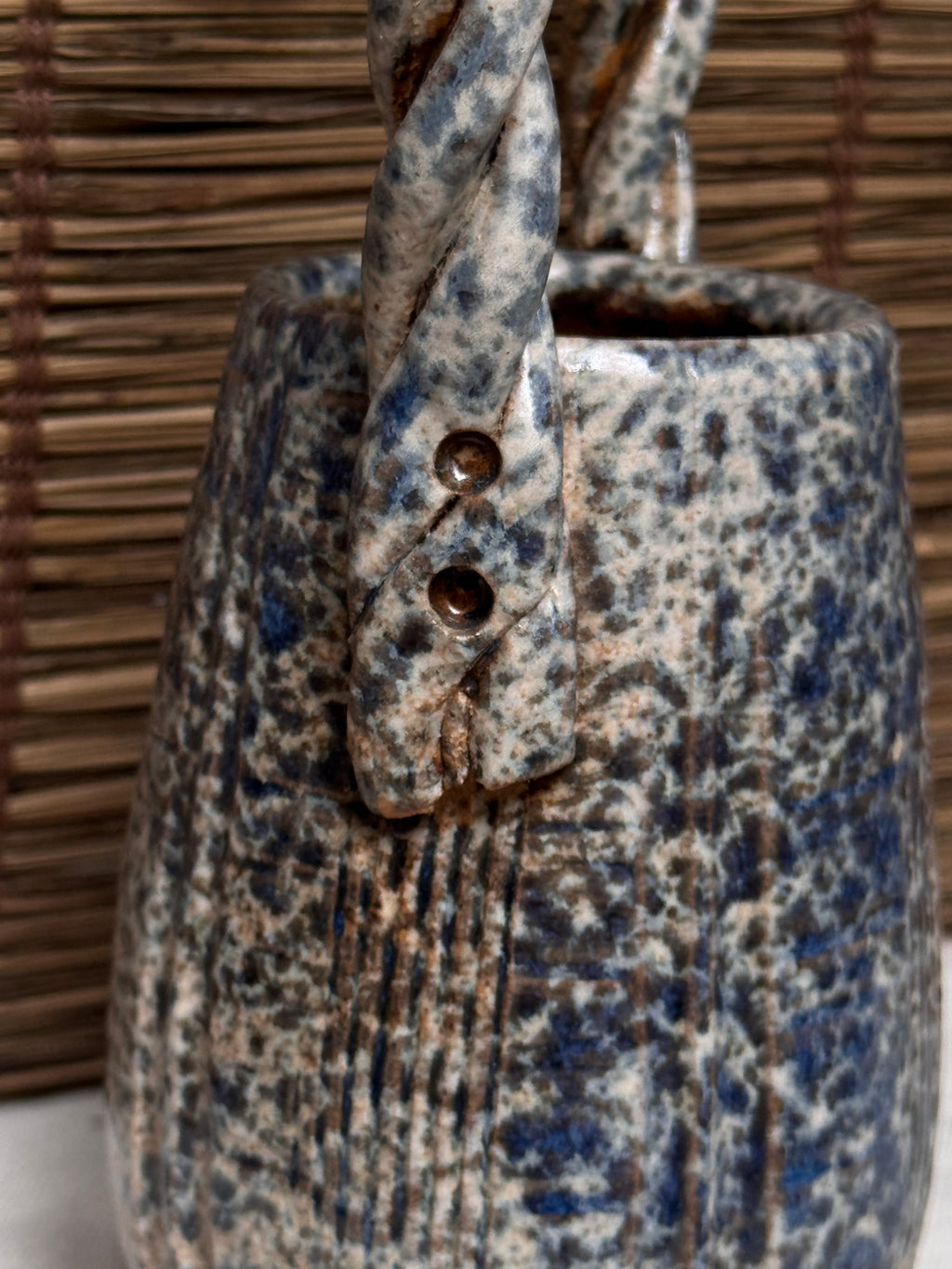 Kasama-yaki Vase, Basket-Style Twisted Handle, Blue Speckled Glaze
