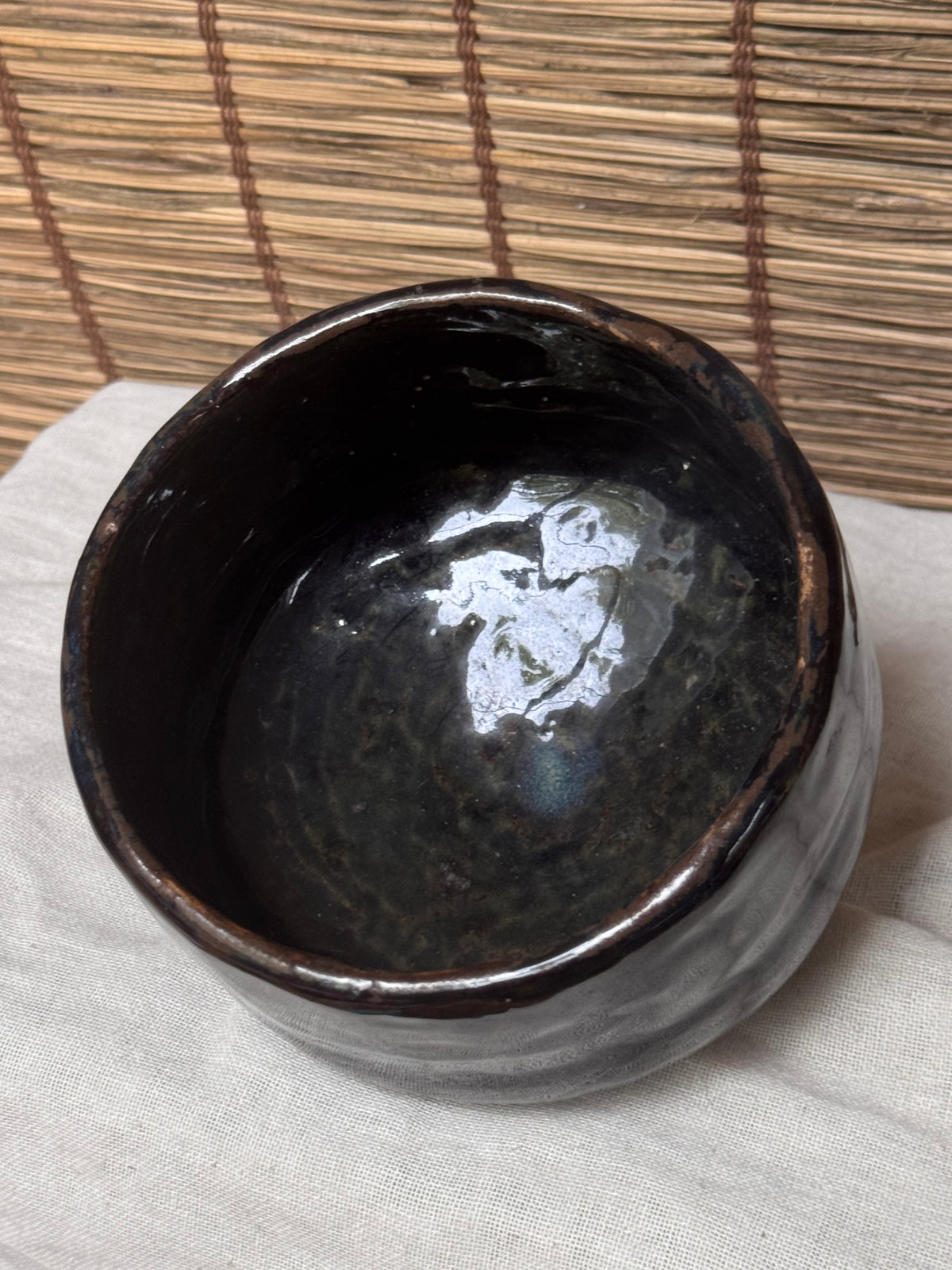 Black Glazed Matcha Chawan — Hand-Shaped Half-Cylinder Form, Glossy Iron Glaze