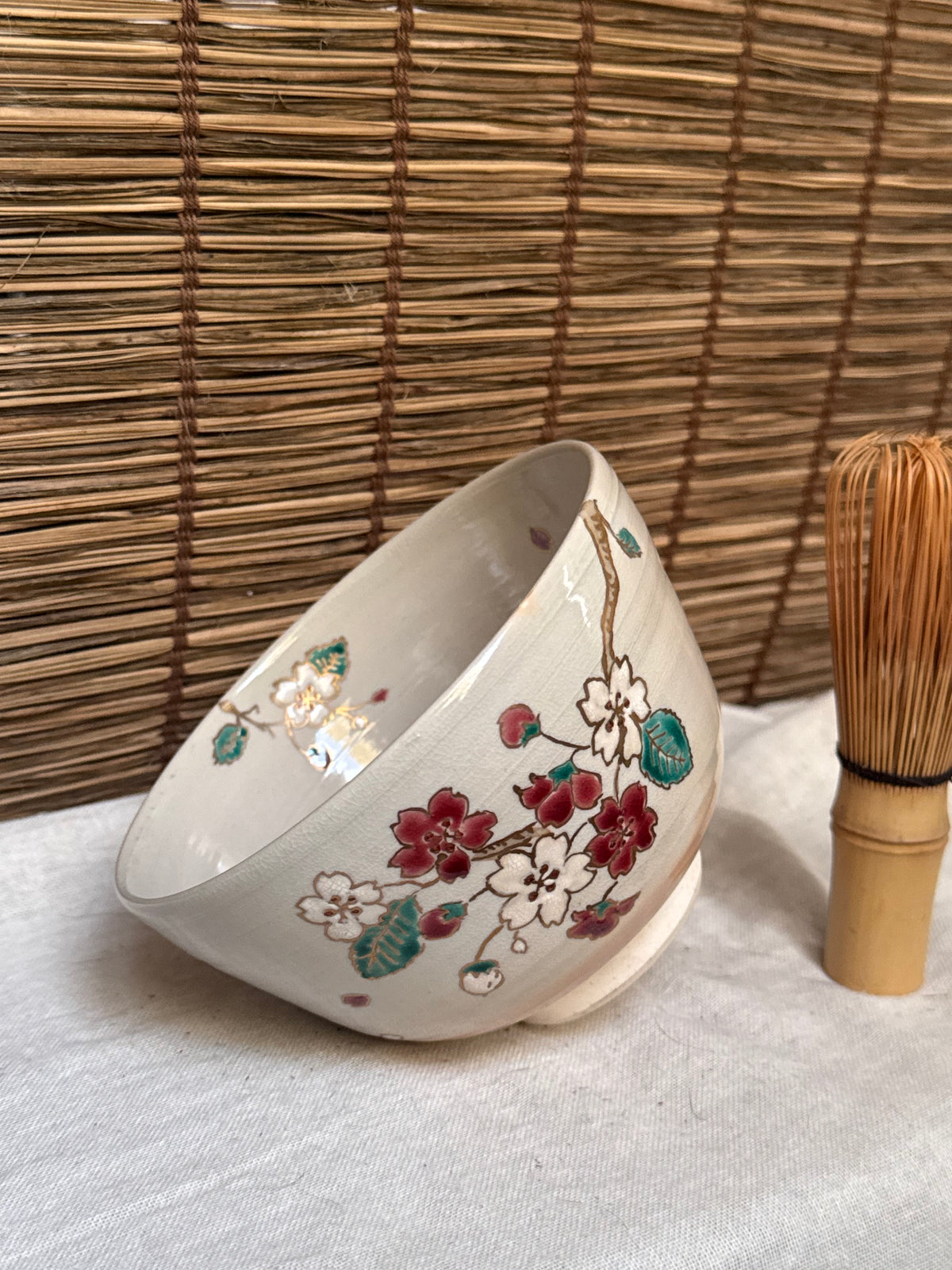 Kiyomizu Kyo-yaki Zenho Matcha Chawan — Hand-Painted Dropping Cherry Blossom, Original Box