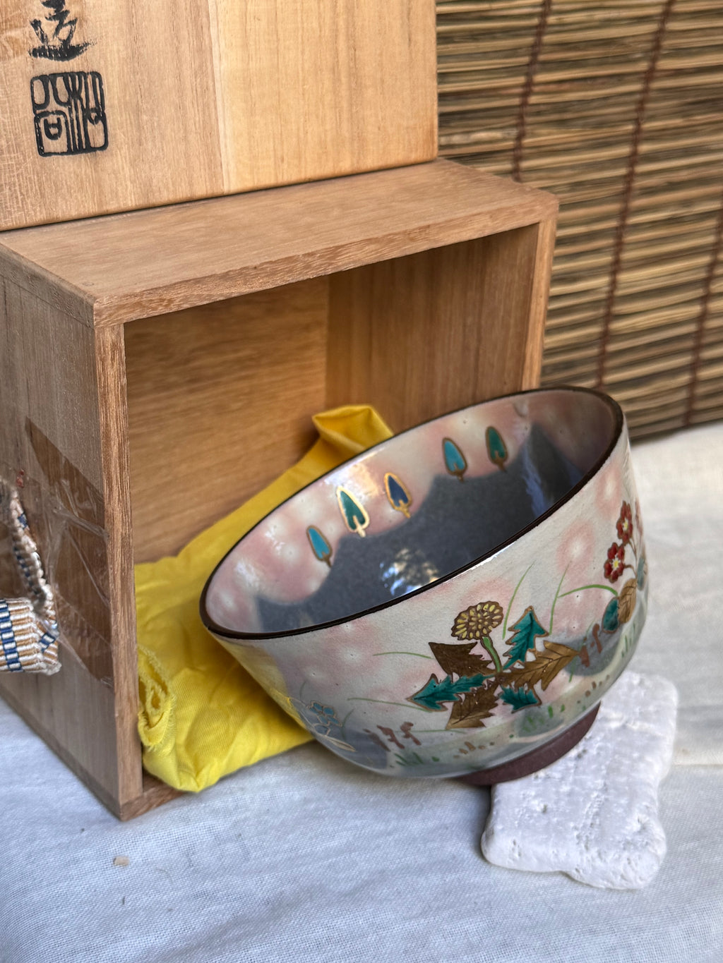 Kyoto Ware Matcha Chawan by Shōkoku (松谷) — Spring Fields in Raised Enamel and Gold, Signed Wooden Box
