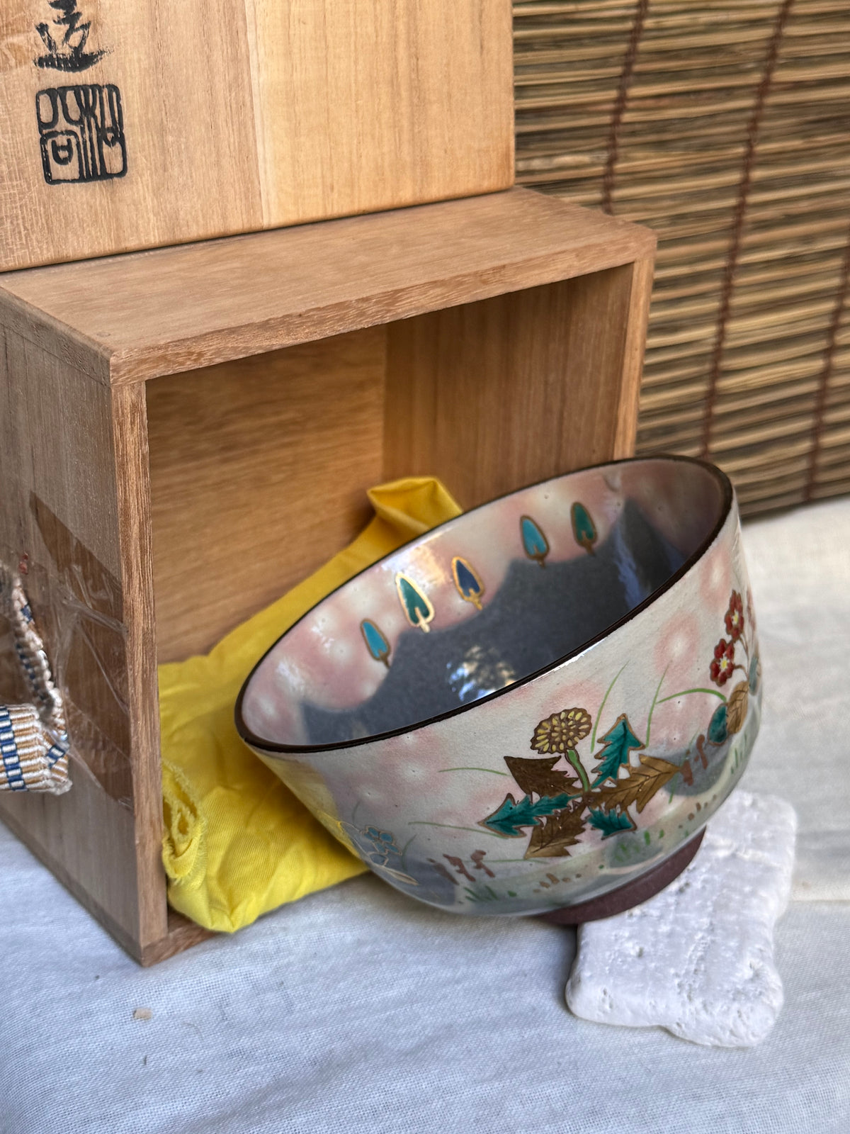 Kyoto Ware Matcha Chawan by Shōkoku (松谷) — Spring Fields in Raised Enamel and Gold, Signed Wooden Box