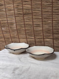Kiyomizu Yaki Scalloped Bowls, Pair — Blush Pink Gradient Glaze, Iron-Rimmed Wave Edge