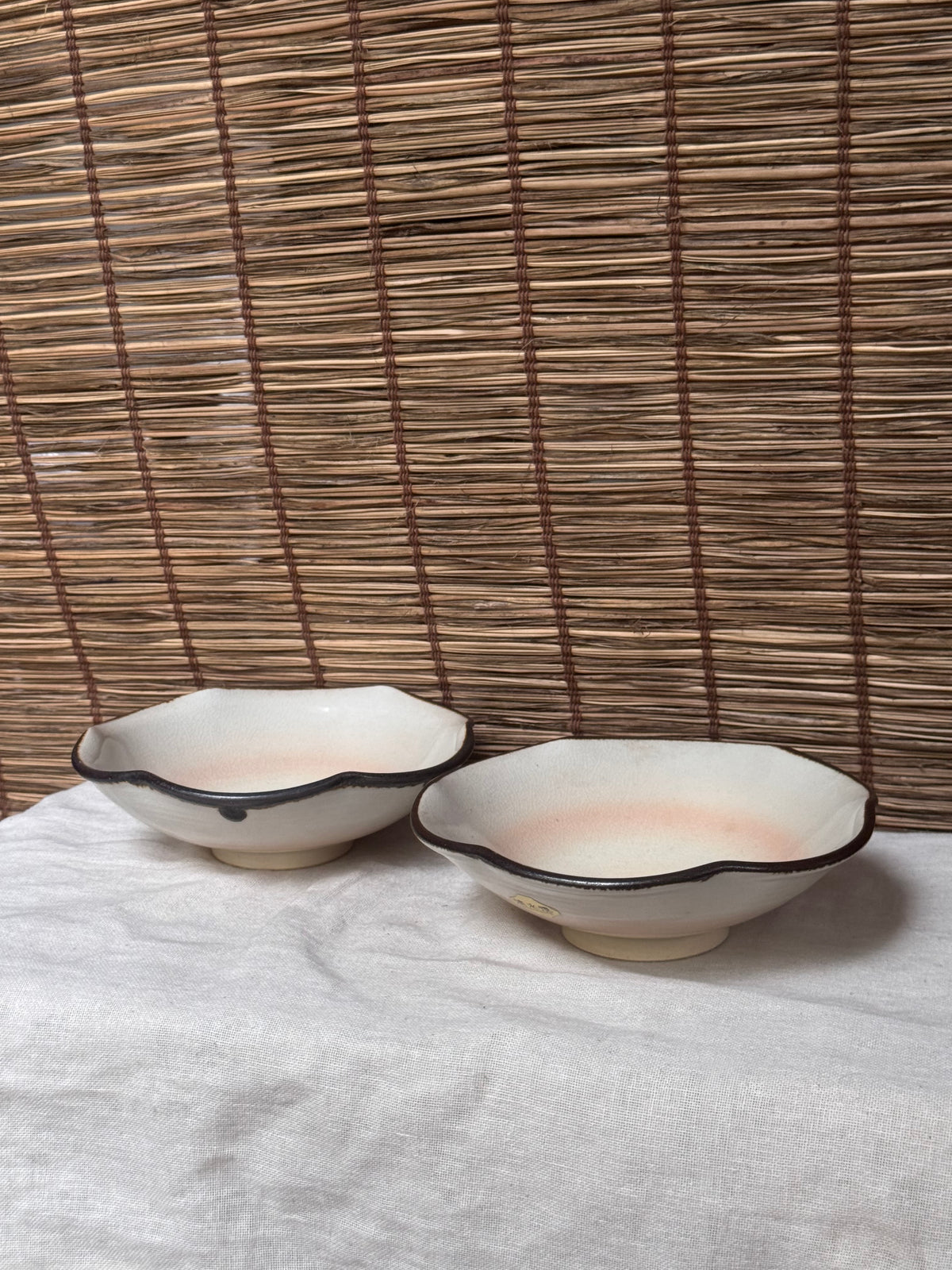 Kiyomizu Yaki Scalloped Bowls, Pair — Blush Pink Gradient Glaze, Iron-Rimmed Wave Edge