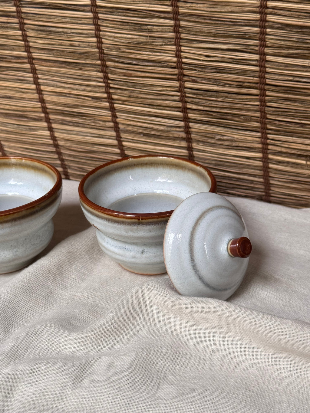 Ame-Glaze Lidded Cups, Pair — Rim Drip, Knob-Lid, Tiered Foot